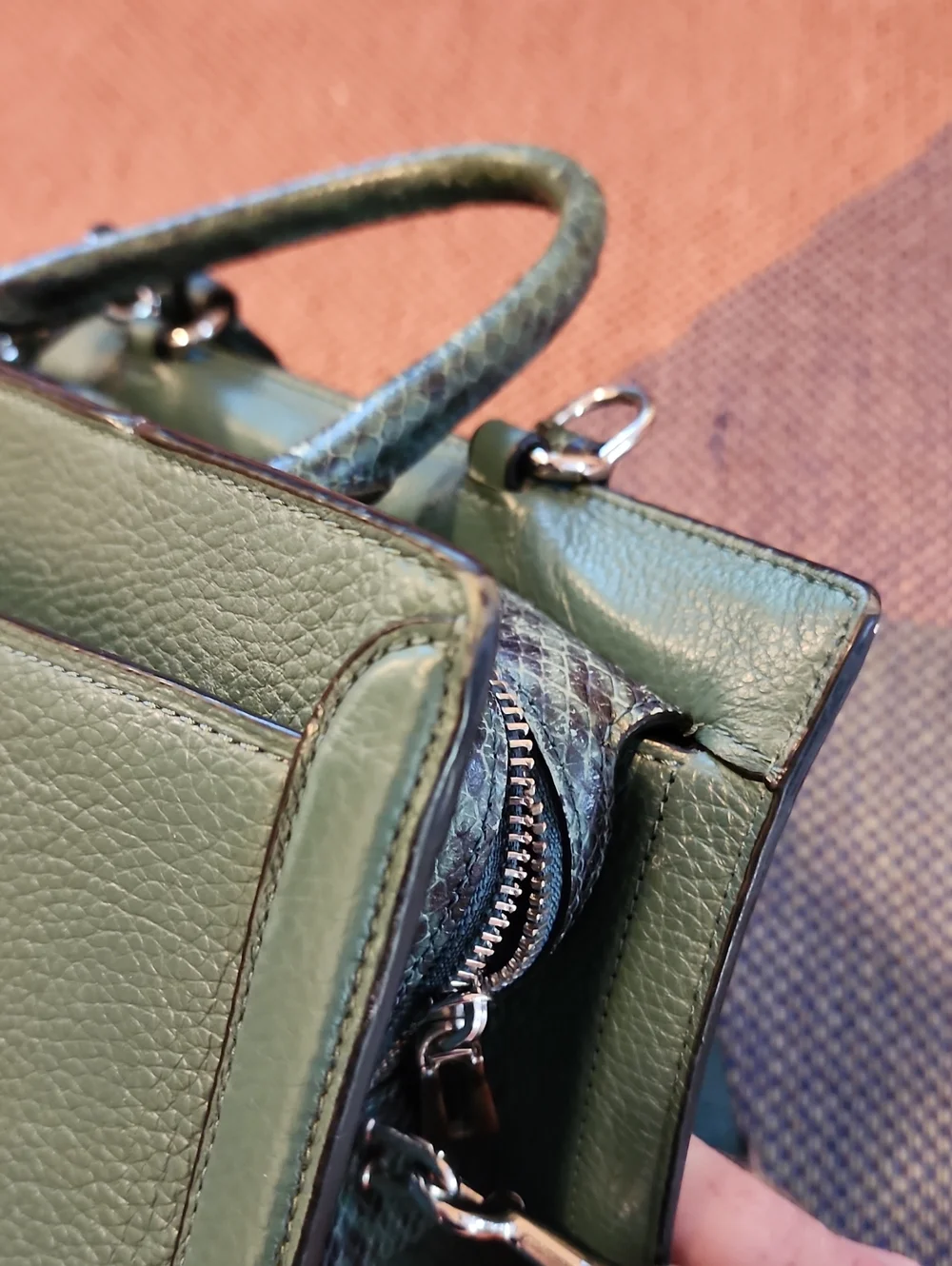 Coach Zoe Carryall 91026 Forest Green Pebble Leather Snake Embossed Satchel